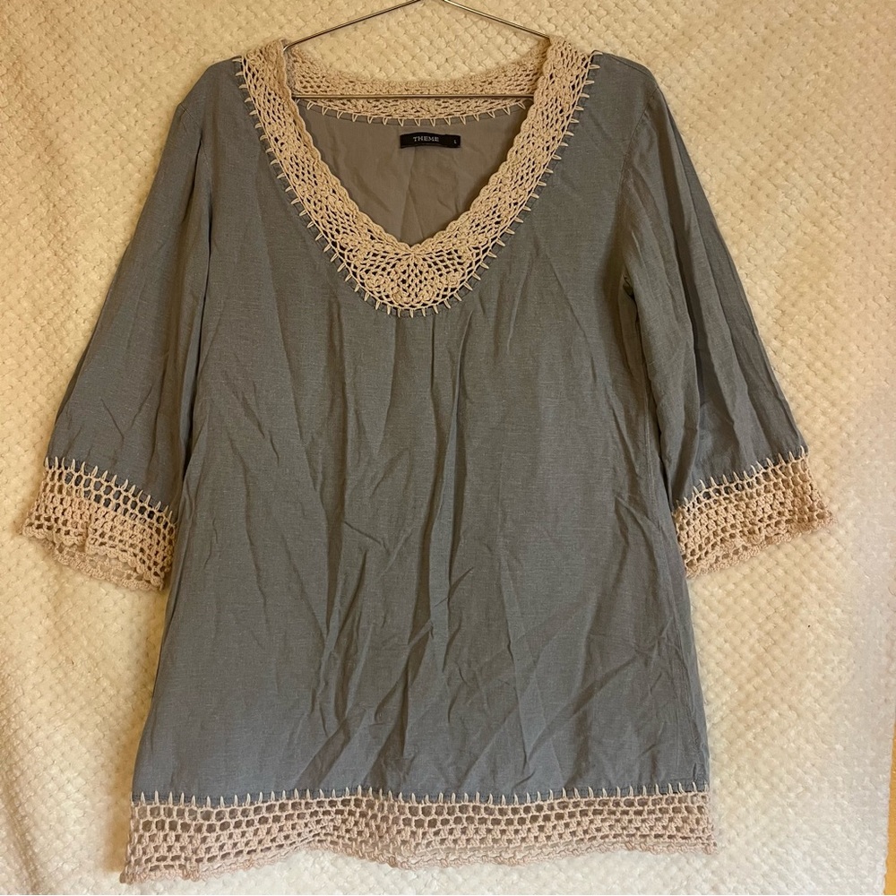 Theme Tunic Top 100% Linen Heathered Grey Crocheted Trim Coastal Chic Large